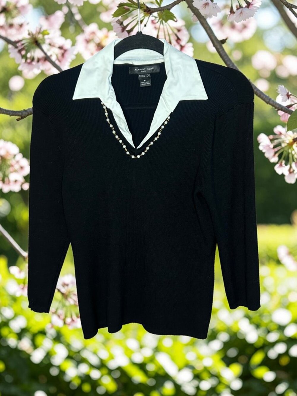 August Silk Black Silk Blend Collared Faux Pearl Beaded Accents V Neck Sweater